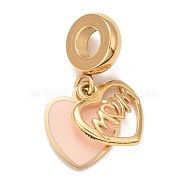 304 Stainless Steel European Dangle Charms, Large Hole Pendants, with Pink Enamel, Mother's Day, Heart with Word Mom, Golden, 23mm, Hole: 4mm, Heart: 12x10.5x1~2mm(STAS-I194-07G-01)