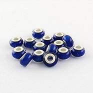 Large Hole Resin European Beads, with Silver Color Plated Brass Double Cores, Rondelle, Dark Blue, 14x9mm, Hole: 5mm(OPDL-R118-05B)