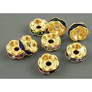 Brass Rhinestone Spacer Beads, Grade A  Mix, Rondelle, Golden and Nickel Free, Assorted Colors, about 7mm in diameter, 3.2mm thick, hole: 1mm(X-RSB029NFG)