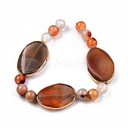 Natural Agate Beads, with Golden Plated Brass Findings, Dyed & Heated, Oval & Round, Sienna, Oval: 29~31x20~22x4.5~7.5mm, Hole: 2mm, about 3pcs/strand, Round: 8.5mm, Hole: 1.2mm, 12pcs/strand, 7.28 inch~7.48 inch(18.5~19cm)(G-N326-139)