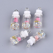 Glass Bottle Pendant Decorations, with Resin Rhinestone & Stopper, Dried Flower and Iron Findings, Platinum, White, 26~27x9.5~10mm, Hole: 1.8mm(X-GLAA-S181-05H)