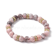 8.5mm Round Natural Pink Zebra Jasper Beaded Stretch Bracelets, Brass Rhinestone Spacer Bead Bracelets for Women, Golden, Inner Diameter: 2-1/4 inch(5.6cm), Round: 8.5mm(BJEW-JB10256-02)