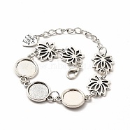 Alloy Bracelets & Anklets Making, Lotus Link Bracelet with Heart Charm, Blank Cabochon Setting, Antique Silver, 9-1/8 inch(23cm), Round Tray: 12mm(MAK-M027-05AS)