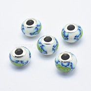Handmade Polymer Clay European Beads, with Silver Color Plated Brass Cores, Large Hole Beads, Rondelle with Flower Pattern, Medium Turquoise, 13~16x8~11mm, Hole: 4.5~5mm(CLAY-K002-A47)