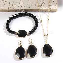 Oval Alloy with Natural Obsidian Pendant Necklaces & Beaded Bracelets & Dangle Earrings Sets, Golden, 430mm(WGD3DFC-02)