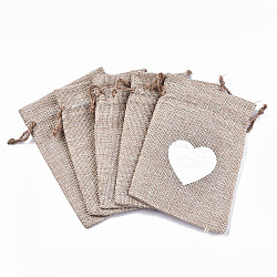 Burlap Packing Pouches Drawstring Bags, with Heart Pattern, White, 14x10cm(ABAG-Q052-02E)