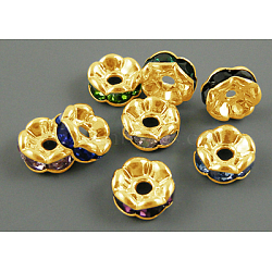 Brass Rhinestone Spacer Beads, Grade A  Mix, Rondelle, Golden and Nickel Free, Assorted Colors, about 7mm in diameter, 3.2mm thick, hole: 1mm(X-RSB029NFG)