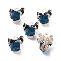 Alloy Enamel Pendants, with Rhinestone, Cube & Bowknot, Dark Slate Blue, 14x12.5x9mm, Hole: 2mm(ENAM-P243-A04)