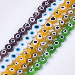 Handmade Evil Eye Lampwork Beads Strands, Flat Round, Mixed Color, 8x3.2mm, Hole: 1mm, about 49pcs/strand, 14.56 inch(LAMP-L058-8mm)