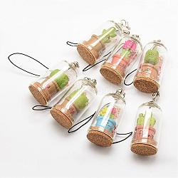 Glass Wishing Bottle Pendant Decoration, with Cork Stopper, Iron Findings, Nylon Cord and Resin, Mixed Color, 49x24mm(HJEW-F003-02)