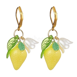 Resin Lemon Leverback Earrings, Golden, Yellow, 41mm(EJEW-JE06163)