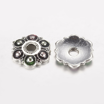 Antique Silver Plated Flower Alloy Enamel Bead Caps, 6-Petal, Colorful, 13x2mm, Hole: 3mm