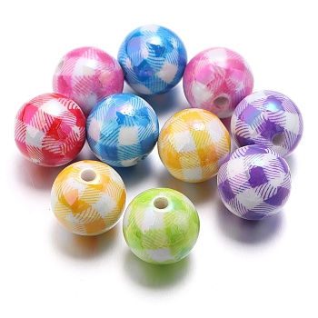 10Pcs Plating Colours Acrylic Beads, Straight Hole Color Stripe Check Round, Mixed Color, 15x15mm, Hole: 3mm