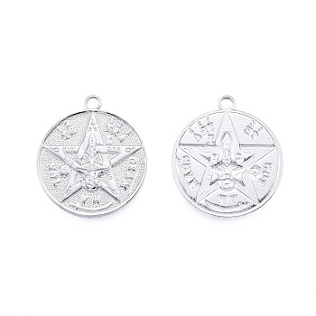 201 Stainless Steel Pendants, Flat Round with Star, Stainless Steel Color, 28.5x25x2mm, Hole: 2.5mm