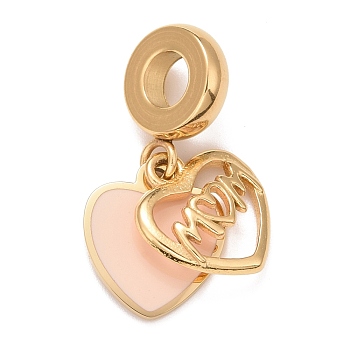 304 Stainless Steel European Dangle Charms, Large Hole Pendants, with Pink Enamel, Mother's Day, Heart with Word Mom, Golden, 23mm, Hole: 4mm, Heart: 12x10.5x1~2mm