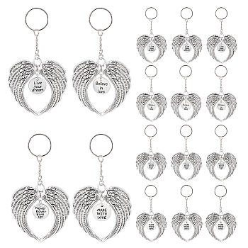 Elite 16Pcs 4 Style Wing Shape Alloy Pendant Keychain, with Iron Findings, Flat Round with Word, Antique Silver, 11.9cm, 4pcs/style