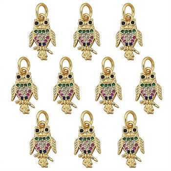 10Pcs Rack Plating Brass Micro Pave Cubic Zirconia Charms, with Jump Ring, Cadmium Free & Lead Free, Owl, Real 18K Gold Plated, 14x8x1.5mm, Jump Ring: 5x1mm, Inner Diameter: 3mm