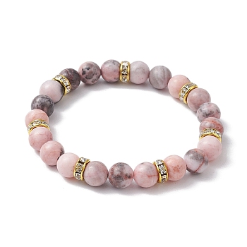 8.5mm Round Natural Pink Zebra Jasper Beaded Stretch Bracelets, Brass Rhinestone Spacer Bead Bracelets for Women, Golden, Inner Diameter: 2-1/4 inch(5.6cm), Round: 8.5mm