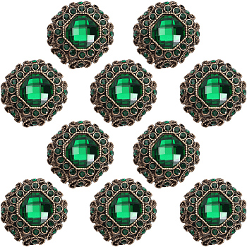 10Pcs 1-Hole Alloy Rhinestone Shank Button, Square, Emerald, 23x23x13.5mm, Hole: 3mm