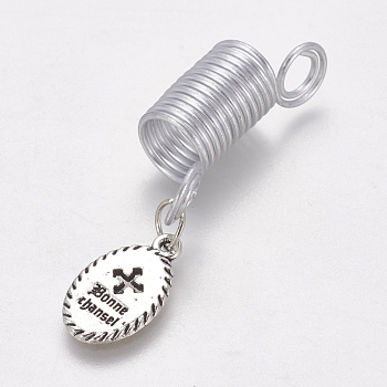 Aluminum Wire Hair Coil Cuffs, Dread Cuff Coil, with Alloy Pendants, Oval, Antique Silver & Platinum, 52mm, Hole: 5.5mm