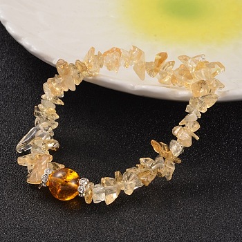 Chips Natural Citrine(Dyed & Heated) & Quartz Crystal(Dyed & Heated) Beaded Stretch Bracelets, with Brass Rhinestone Findings, Silver Color Plated, 59mm