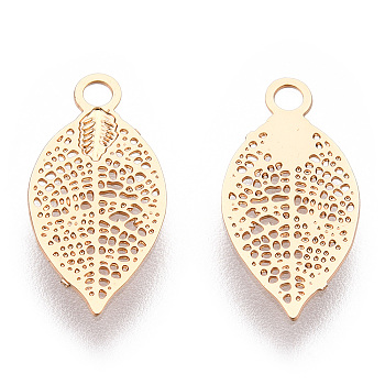 Rack Plating Brass Filigree Charms, Long-Lasting Plated, Leaf Charms, Light Gold, 12.5x6.5x0.4mm, Hole: 1.2mm
