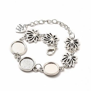 Alloy Bracelets & Anklets Making, Lotus Link Bracelet with Heart Charm, Blank Cabochon Setting, Antique Silver, 9-1/8 inch(23cm), Round Tray: 12mm