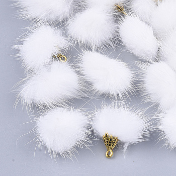 Faux Mink Fur Tassel Pendant Decorations, with Alloy Findings, Antique Golden, White, 20~30x28~30mm, Hole: 1.8mm