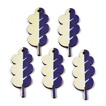 Printed Basswood Pendants, Back Random Color,  Leaf, Dark Slate Blue, 39x17x3mm, Hole: 2mm