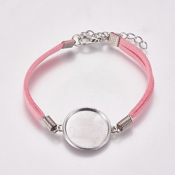 Suede Bracelet Making, with Alloy Tray Settings and Iron Chains, Flat Round, Platinum, Pink, 8-1/8 inch~8-1/4 inch(20.5~21cm), Tray: 20mm