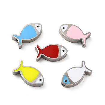 304 Stainless Steel Beads, with Enamel, Stainless Steel Color, Fish, Mixed Color, 7x13.5x3mm, Hole: 1.8mm