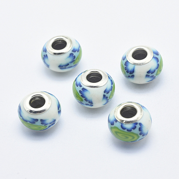 Handmade Polymer Clay European Beads, with Silver Color Plated Brass Cores, Large Hole Beads, Rondelle with Flower Pattern, Medium Turquoise, 13~16x8~11mm, Hole: 4.5~5mm