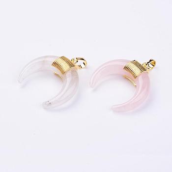Natural Rose Quartz Pendants, with Golden Plated Brass Findings, Double Horn/Crescent Moon, 32~34x30~33x8.5mm Hole: 5x7mm