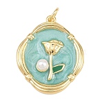 Brass Enamel Pendants, with ABS Plastic Imitation Pearl, Oval & Flower Charms, Long-Lasting Plated, Rack Plating, Lead Free & Cadmium Free, Real 18K Gold Plated, Blue, 27x22x5mm, Hole: 3.5mm(KK-L275-52G-04)