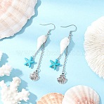 Shell Shape with Starfish Dangle Earrings, with Alloy Charms & 316 Surgical Stainless Steel Earring Hooks & Natural Spiral Shell Beads & Synthetic Turquoise Beads & 304 Stainless Steel Cable Chains(EJEW-TA00640)