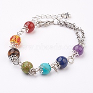 Natural & Synthetic Mixed Stone Bracelets, with Brass Finding, Chakras Style, 7-1/2 inch(190mm)(BJEW-JB03604)