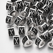Alloy European Beads, Enamel Style, Large Hole Beads, Triangle with Letter, Platinum, Black, Letter.X, 9.5x9x6.5mm, Hole: 5mm(MPDL-S038-09X)