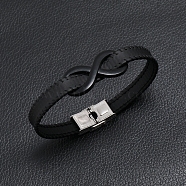 Stainless Steel Infinity Link Bracelet with Leather Cords, Black, 8-1/4~8-5/8 inch(21~22cm)(PW-WG57672-01)