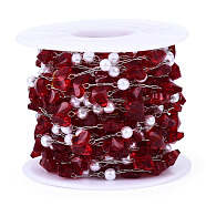 Glass Butterfly & ABS Plastic Pearl Beaded Chains, with Stainless Steel Color Plated 316 Stainless Steel Paperclip Chains, Soldered, Faceted, with Spool, Red, 6x8x4.5mm, about 16.40 Feet(5m)/Roll(CHS-N003-02-02)