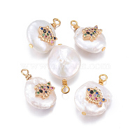 Natural Cultured Freshwater Pearl Pendants, with Brass Micro Pave Cubic Zirconia Findings, Nuggets with Fish, Golden, Colorful, 17~26x11~16x5~11mm, Hole: 1.6~2mm(PEAR-L027-30D)
