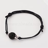 Adjustable Natural Lava Rock and Waxed Cotton Cord Bracelets, with Tibetan Style Alloy Bead Caps, 42~75mm(BJEW-JB02333-01)