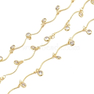 3.28 Feet Handmade Brass Bar Link Chains, with Clear Cubic Zirconia Charm, Soldered, Long-Lasting Plated, Flat Round, Real 18K Gold Plated, 7x4.5x2mm(X-CHC-I006-11A-G)