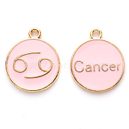 Alloy Enamel Pendants, Cadmium Free & Lead Free, Flat Round with Constellation, Light Gold, Pink, Cancer, 22x18x2mm, Hole: 1.5mm(ENAM-S124-01A-09D)