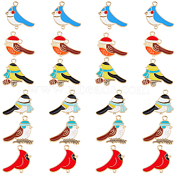 24Pcs 6 Style Alloy Enamel Pendants, Bird with Hat & Scarf, Light Gold, Mixed Color, 20~23x24.5~25x1.5mm, Hole: 2mm, 4pcs/style(ENAM-DC0001-13)