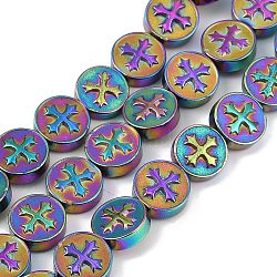 Electroplated Synthetic Non-magnetic Hematite Beads Strands, Flat Round with Cross, Rainbow Plated, 8x3mm, Hole: 1mm, about 51pcs/strand, 16.14''(41cm)(G-K375-B02-01)