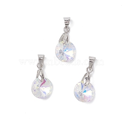 AB Color Plated Glass Charms, Flat Round, with Brass Pinch Bails, Faceted, Platinum, 10.5x5.5mm, Hole: 5x3.5mm(PALLOY-JF04593-02)