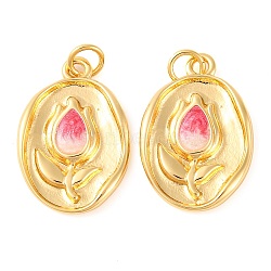 Rack Plating Brass Pendants, with Enamel and Jump Ring, Long-Lasting Plated, Oval with Flower Charm, Real 18K Gold Plated, Pale Violet Red, 21.5x14.5x3mm, Hole: 3mm(KK-H486-12G-01)