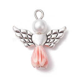 Resin Imitation Pearl Pendants, Rose Angel Charms with Antique Silver Plated Alloy Heart Wings, Misty Rose, 23.5~24x21.5x7mm, Hole: 1.8~2.2mm(PALLOY-JF02566-11)