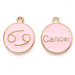 Alloy Enamel Pendants, Cadmium Free & Lead Free, Flat Round with Constellation, Light Gold, Pink, Cancer, 22x18x2mm, Hole: 1.5mm(ENAM-S124-01A-09D)