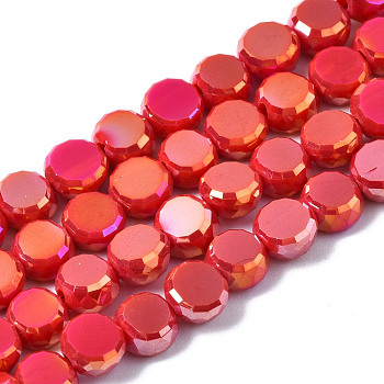 Electroplate Glass Beads Strands, AB Color Plated, Faceted, Flat Round, FireBrick, 5.5x6x3.5mm, Hole: 1.2mm, about 98~100pcs/strand, 19.84~21.65 inch(50.4cm~55cm)